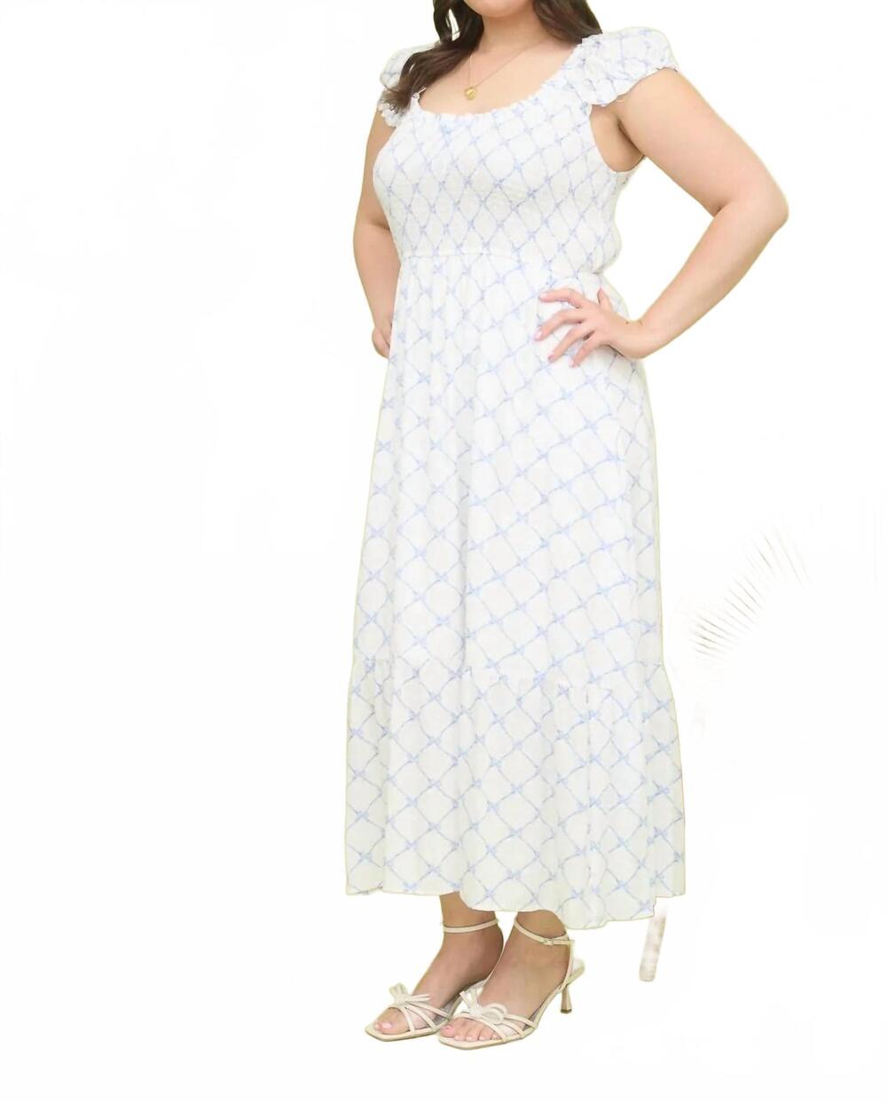 NEW BLU PEPPER bow pattern ruched midi dress in white